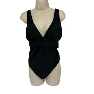NEW Cupshe Black Ginger Ribbed & Ruched One-Piece Swimsuit Sz XL